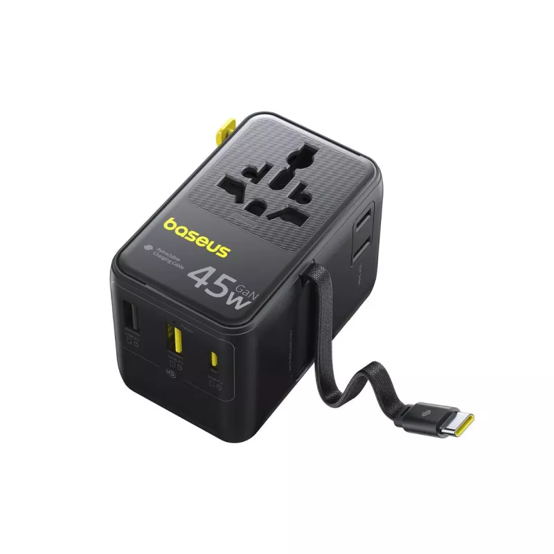 Baseus PicoGo AG11 45W 6 en 1 Adaptador de viaje universal con cable USB-C retráctil - Negro