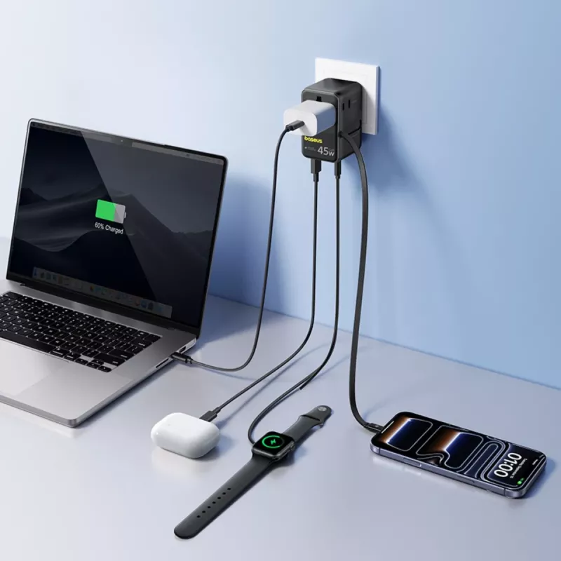 Baseus PicoGo AG11 45W 6 en 1 Adaptador de viaje universal con cable USB-C retráctil - Negro