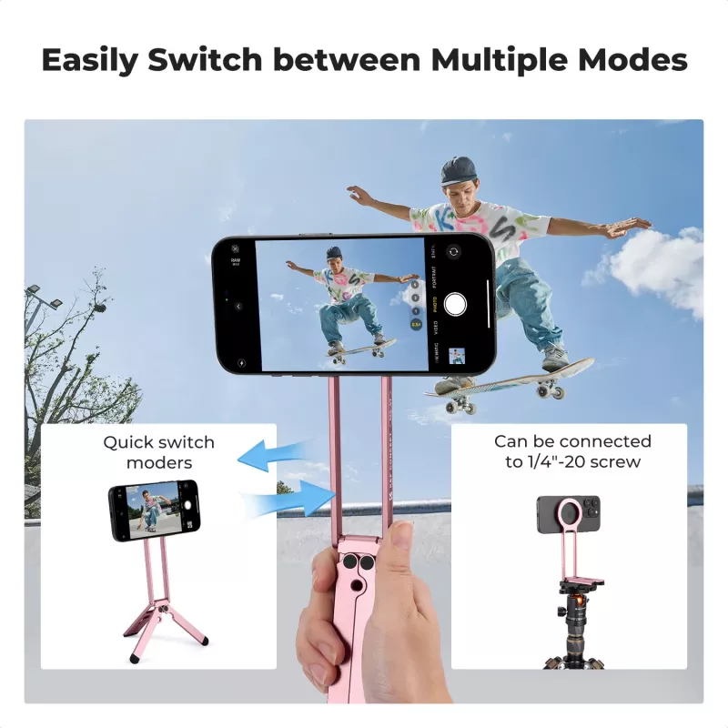 KF 3 en 1 Soporte magnético para teléfono Trípode Mango Soporte de mesa para iPhone MagSafe Rosa