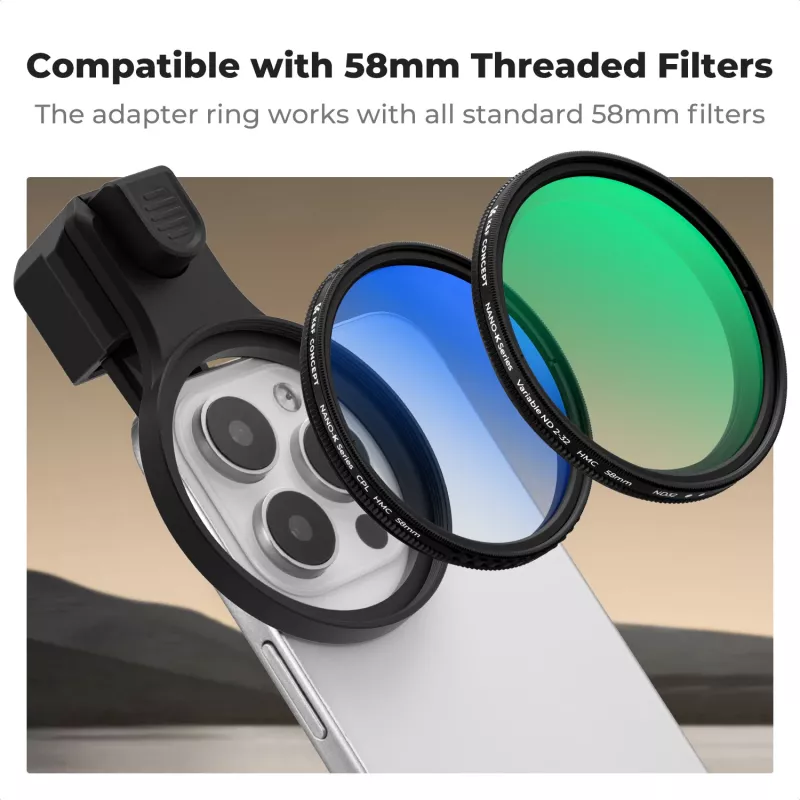 K&F Concept Soporte con pinza para smartphone para filtros y objetivos de 58mm - Negro