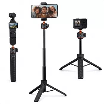 Mini trípode y palo selfie KF 65 cm con cabezal 360° y soporte para teléfono KF09.180S1 negro
