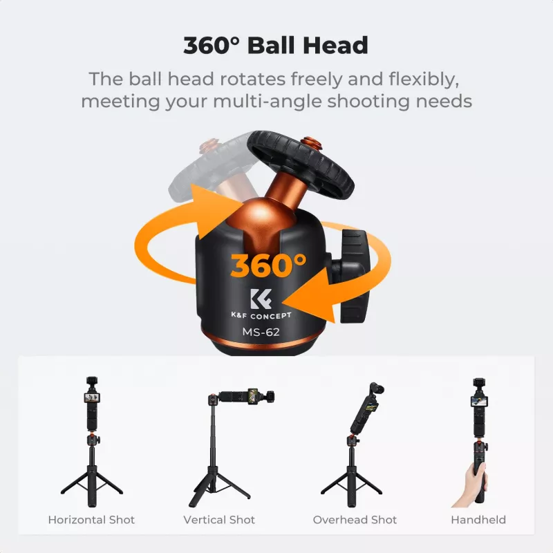 Mini trípode y palo selfie KF 65 cm con cabezal 360° y soporte para teléfono KF09.180S1 negro