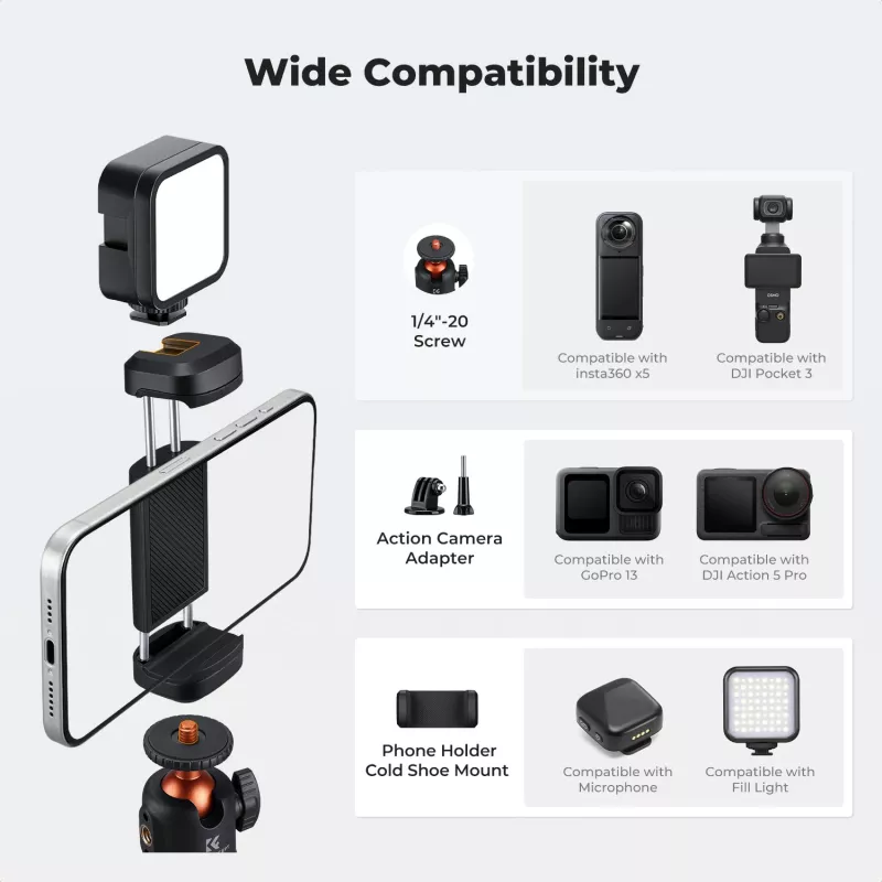 Mini trípode y palo selfie KF 65 cm con cabezal 360° y soporte para teléfono KF09.180S1 negro