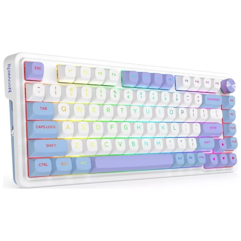Redragon Ucal Max K673WBP-RGB-MAX Teclado mecánico tri-modo 75% 82 teclas hot-swappable gasket mount teclas PBT RGB blanco/negro/morado