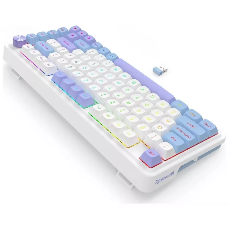Redragon Ucal Max K673WBP-RGB-MAX Teclado mecánico tri-modo 75% 82 teclas hot-swappable gasket mount teclas PBT RGB blanco/negro/morado