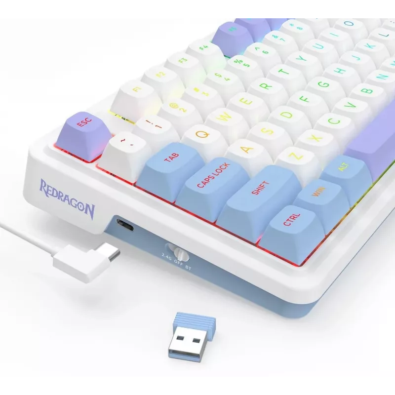 Redragon Ucal Max K673WBP-RGB-MAX Teclado mecánico tri-modo 75% 82 teclas hot-swappable gasket mount teclas PBT RGB blanco/negro/morado