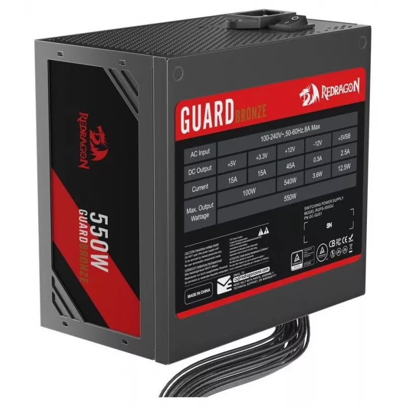 Redragon Guard GC-GU01 Fuente de alimentación 550W, 80 PLUS Standard, PFC activo, no modular, ventilador 120mm, negro
