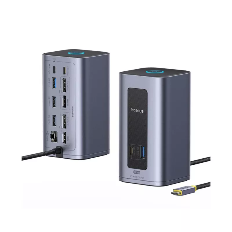 Baseus Nomos NU1 Air Spacemate estación de acoplamiento USB-C 12 en 1, 2x HDMI 4K@60Hz, 2x DP 4K@60Hz, 2x USB-C, 2x USB-A 5Gbps, 2x USB-A 2.0, RJ45 Gigabit Ethernet, gris