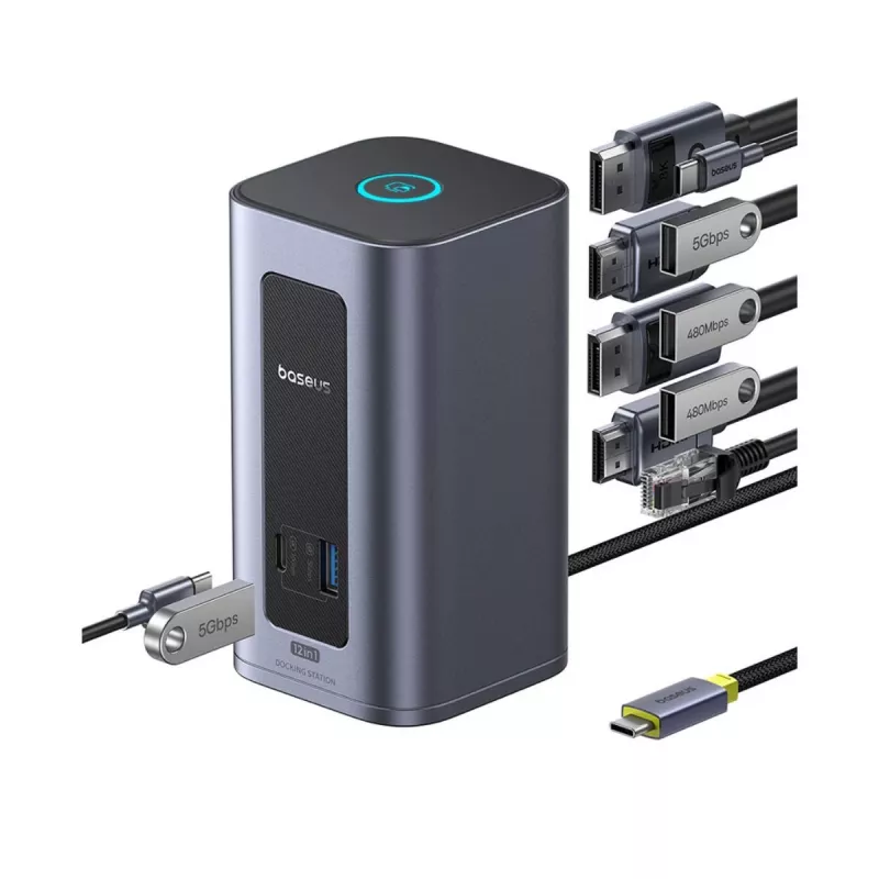 Baseus Nomos NU1 Air Spacemate estación de acoplamiento USB-C 12 en 1, 2x HDMI 4K@60Hz, 2x DP 4K@60Hz, 2x USB-C, 2x USB-A 5Gbps, 2x USB-A 2.0, RJ45 Gigabit Ethernet, gris