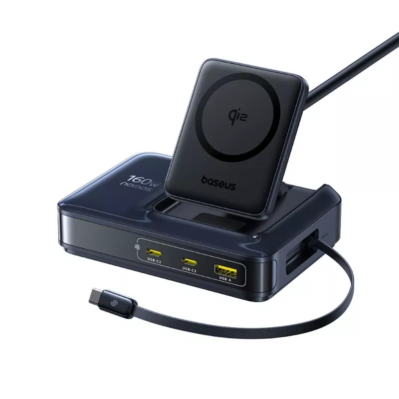 Baseus Nomos NH21 Qi2 160W estación de carga inalámbrica 5 en 1 con cable retráctil - negra