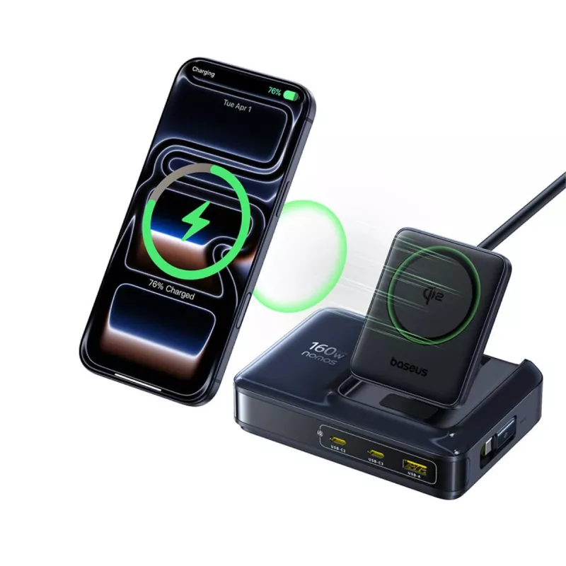 Baseus Nomos NH21 Qi2 160W estación de carga inalámbrica 5 en 1 con cable retráctil - negra