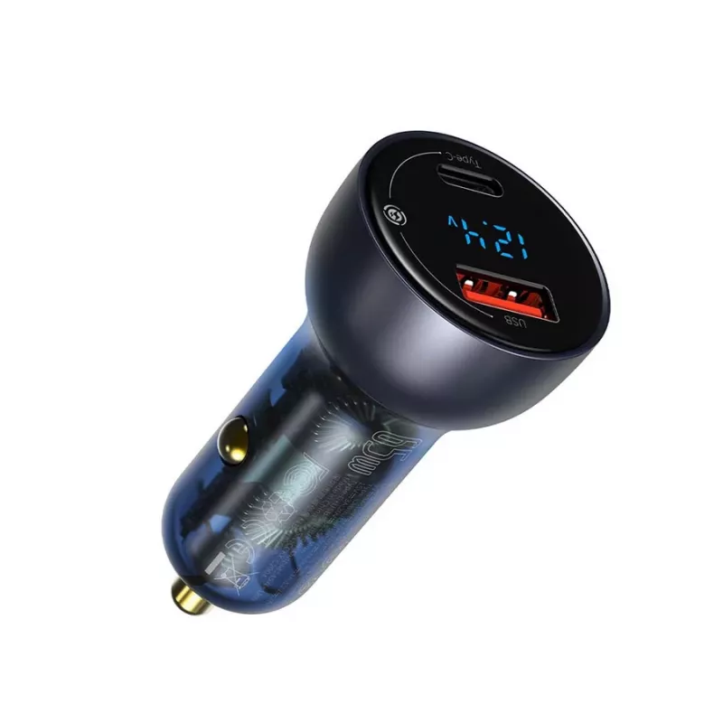 Baseus Particular cargador de coche con pantalla digital, USB-C + USB-A, QC3.0+PD, 65W, gris