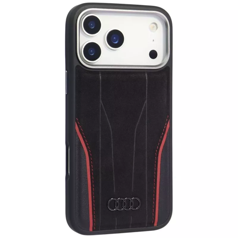 Funda Audi R8 de piel genuina MagSafe para iPhone 15 Pro negra con detalles rojos