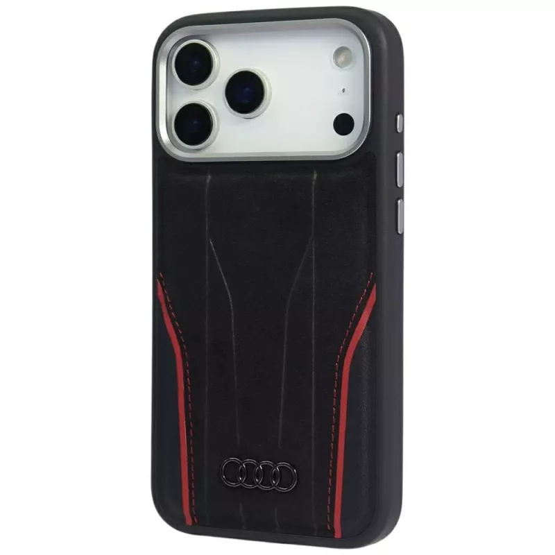 Funda Audi R8 de piel genuina MagSafe para iPhone 15 Pro negra con detalles rojos
