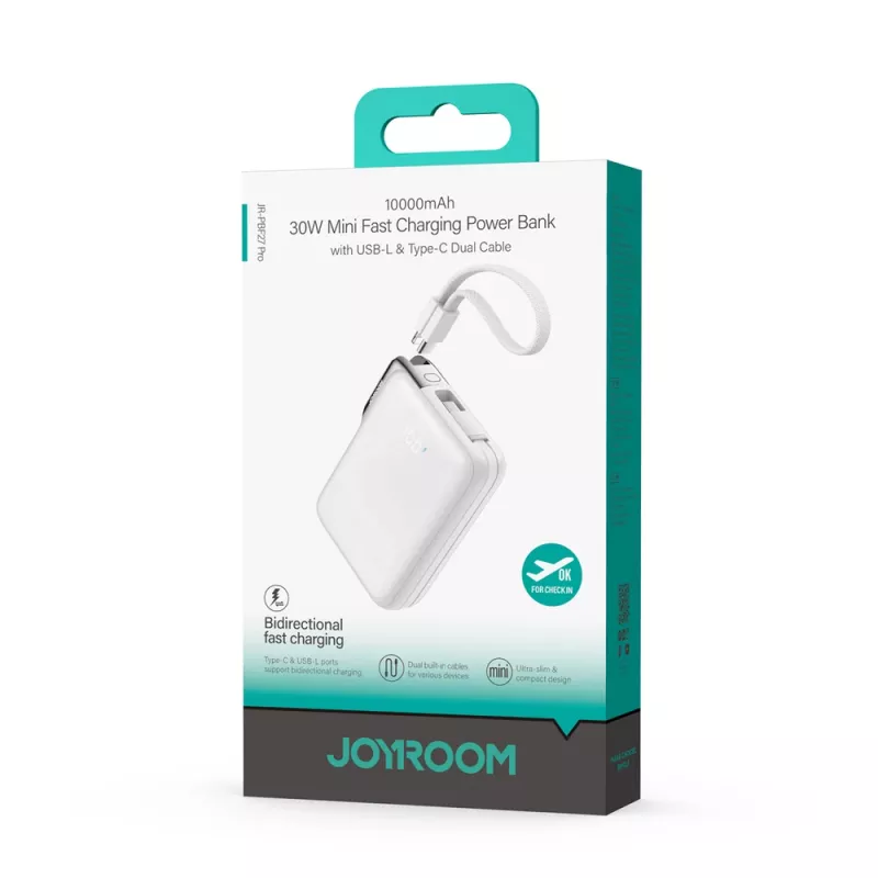 Batería externa Joyroom JR-PBF27 Pro 10000mAh 30W con cable USB-C integrado y cable USB-C a Lightning bidireccional adicional - Blanco