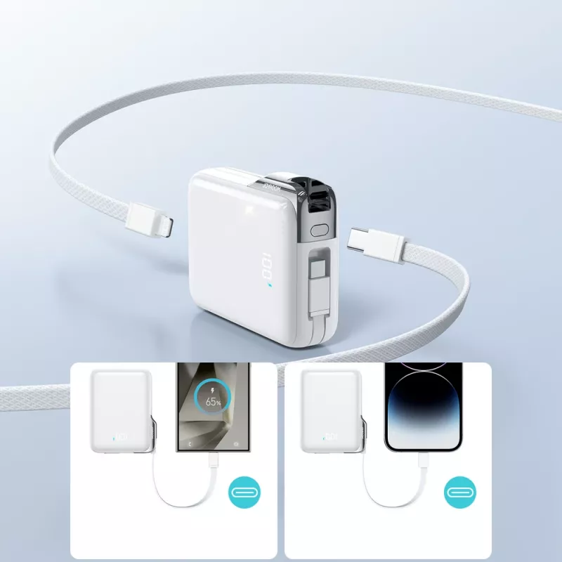 Batería externa Joyroom JR-PBF27 Pro 10000mAh 30W con cable USB-C integrado y cable USB-C a Lightning bidireccional adicional - Blanco