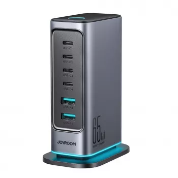 Cargador multipuerto GaN Joyroom JR-TCM02 65W 4x USB-C 2x USB-A enchufe EU Gris oscuro