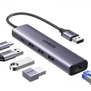 UGREEN Hub USB-A 5 en 1 a 3x USB 3.0 + RJ45 + USB-C (Plata)