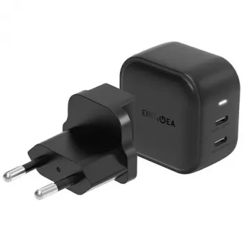 ENERGEA Travelite GAN45 Cargador de viaje GaN USB-C 45W de doble puerto con adaptadores US+EU, Negro