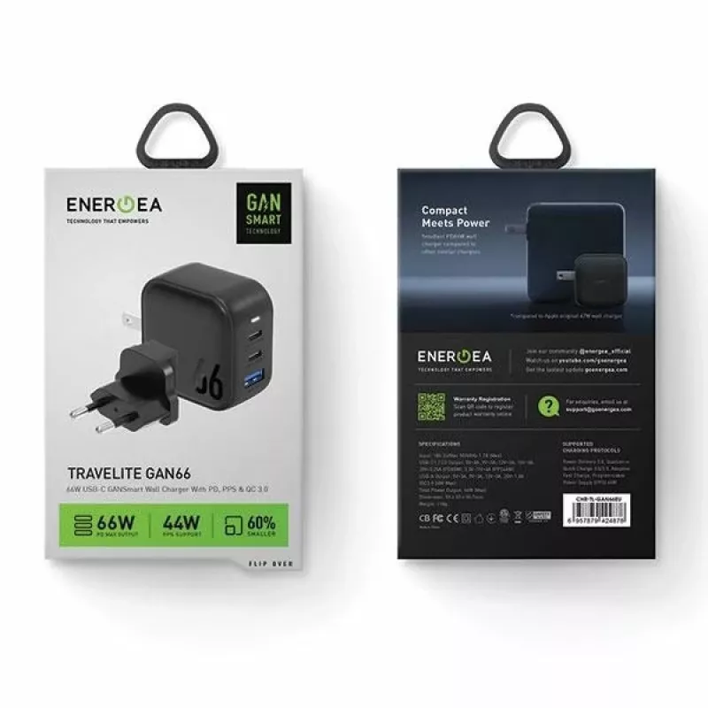 ENERGEA Travelite GAN66 Cargador GaN USB-C 66W 2C1A Negro US+EU