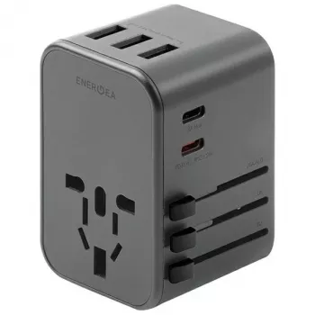 ENERGEA Travelworld Cargador USB 35,5W 3A2C con enchufes US/EU/UK/AU, Gunmetal