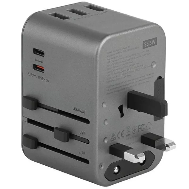 ENERGEA Travelworld Cargador USB 35,5W 3A2C con enchufes US/EU/UK/AU, Gunmetal