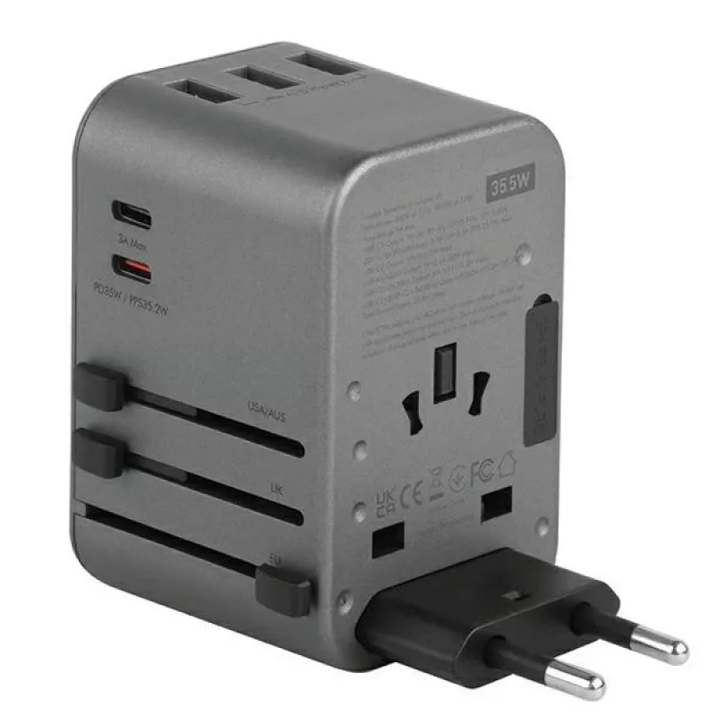 ENERGEA Travelworld Cargador USB 35,5W 3A2C con enchufes US/EU/UK/AU, Gunmetal