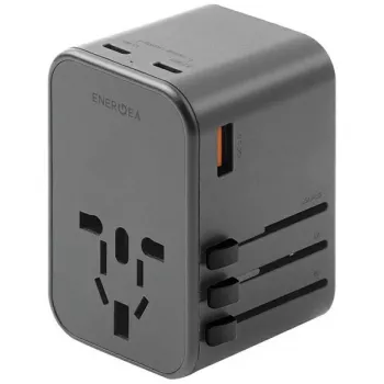 ENERGEA Travelworld Adaptador GaN65W 65W 1xUSB-A 2xUSB-C PD PPS QC 3.0 Enchufes intercambiables US/EU/UK Gunmetal Grey