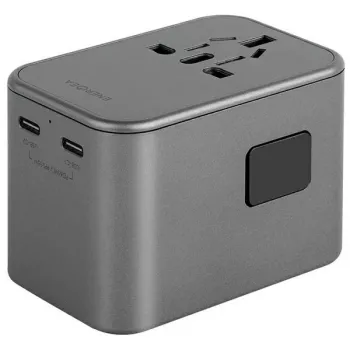 ENERGEA Travelworld Adaptador GaN65W 65W 1xUSB-A 2xUSB-C PD PPS QC 3.0 Enchufes intercambiables US/EU/UK Gunmetal Grey