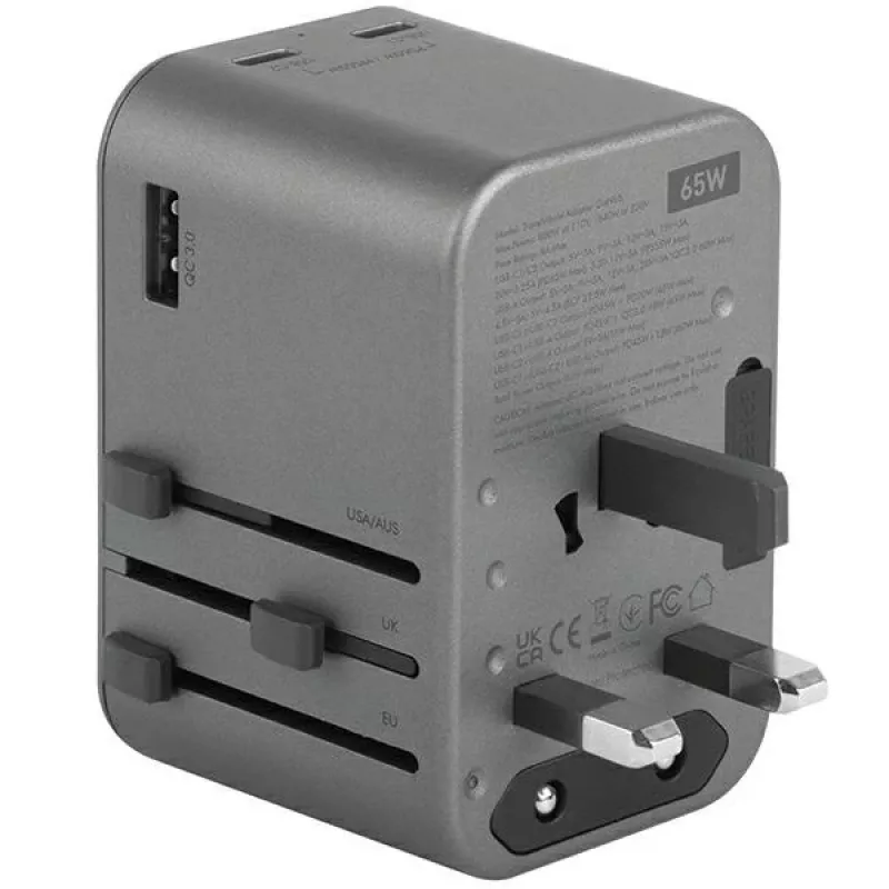 ENERGEA Travelworld Adaptador GaN65W 65W 1xUSB-A 2xUSB-C PD PPS QC 3.0 Enchufes intercambiables US/EU/UK Gunmetal Grey