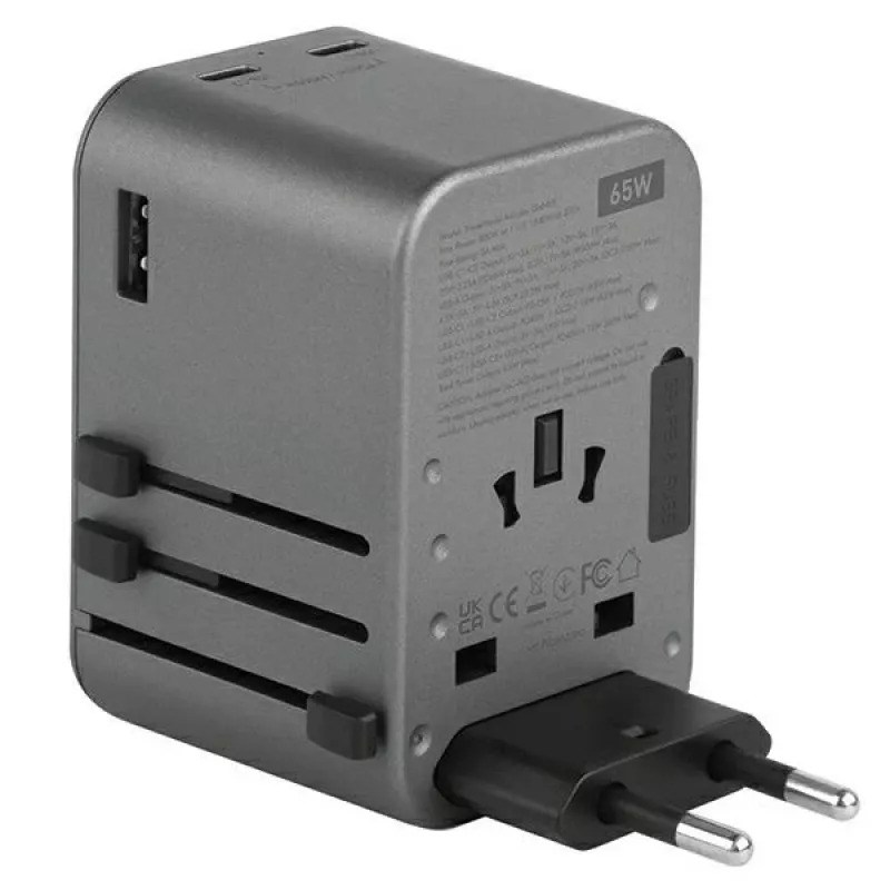 ENERGEA Travelworld Adaptador GaN65W 65W 1xUSB-A 2xUSB-C PD PPS QC 3.0 Enchufes intercambiables US/EU/UK Gunmetal Grey
