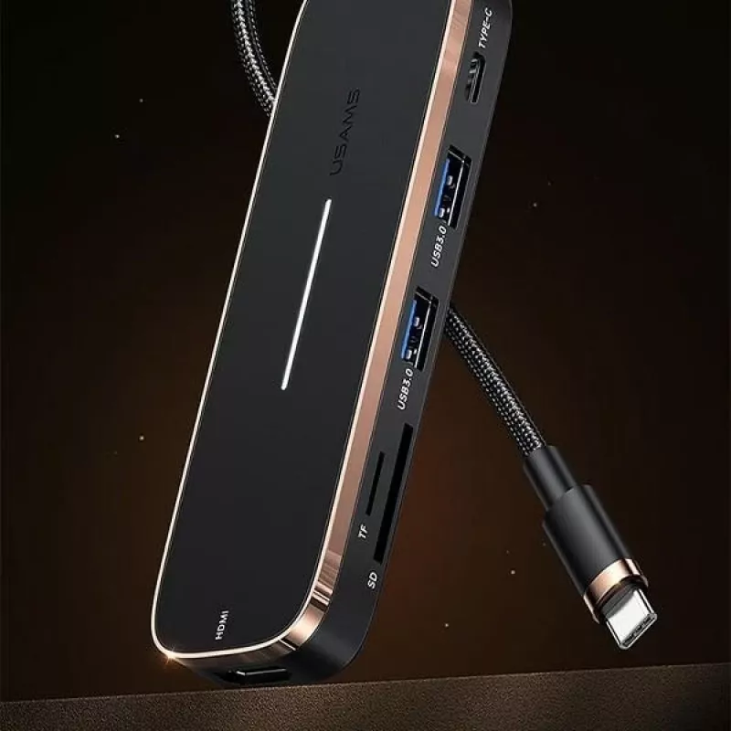 USAMS SJ575HUB01 Hub USB-C 2x USB-A USB-C PD HDMI Lector de tarjetas SD Micro SD Negro