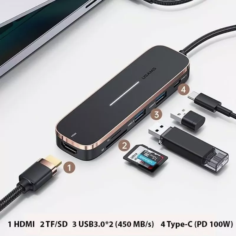 USAMS SJ575HUB01 Hub USB-C 2x USB-A USB-C PD HDMI Lector de tarjetas SD Micro SD Negro