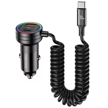 USAMS Cargador de coche 60W 2xUSB-C 1xUSB-A con cable en espiral Carga rápida PD QC Negro CC167CC01