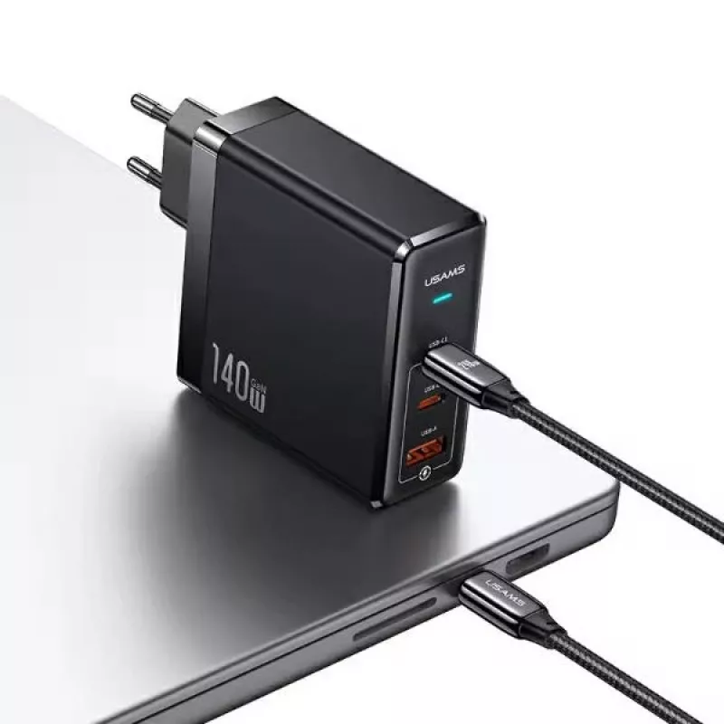USAMS T52PD140W Fuente de alimentación GaN 140W con cable USB-C 240W, 2xUSB-C + 1xUSB-A, Carga rápida PD, Negro (US-CC168 + US-SJ581) Serie UM UMXLOGTC01