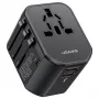 USAMS T59 Cargador de viaje universal 20W con 2 puertos USB-A y 1 USB-C, Negro, enchufes intercambiables US/AU/EU/UK