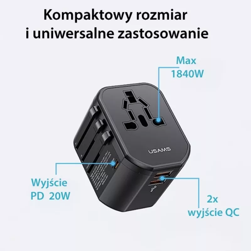 USAMS T59 Cargador de viaje universal 20W con 2 puertos USB-A y 1 USB-C, Negro, enchufes intercambiables US/AU/EU/UK