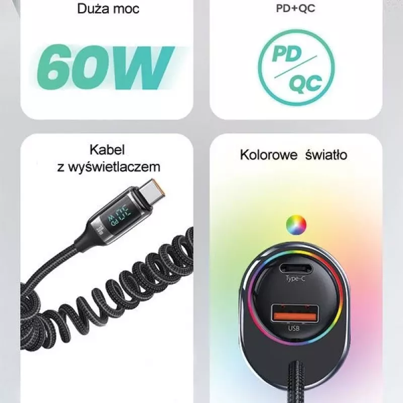 USAMS C37 Cargador de coche 1xUSB-A + 1xUSB-C 60W con cable USB-C a USB-C 30W Carga rápida PD+QC Negro CC192CC01 (US-CC192)