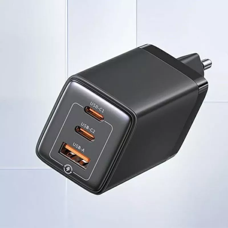 USAMS Sandru Series Cargador de pared GaN 65W 2xUSB-C 1xUSB-A Carga rápida PD3.0 QC3.0 Negro CC180TC01