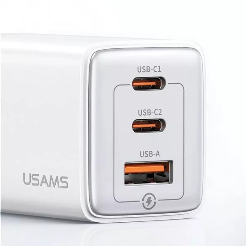 USAMS Sandru Series Cargador de pared GaN 65W 2xUSB-C 1xUSB-A Carga rápida PD3.0 QC3.0 Negro CC180TC01