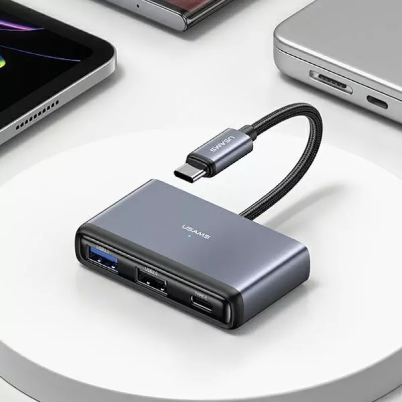 USAMS Adaptador hub USB-C 4 en 1 2x USB 2.0 / USB 3.0 / USB-C Gris oscuro SJ627HUB01 (US-SJ627)