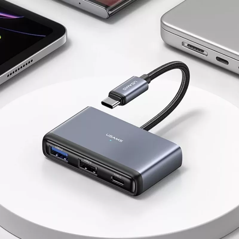 USAMS Hub USB-C 5 en 1 USB 2.0/USB 3.0/USB-C/TF/SD Gris oscuro SJ628HUB01 (US-SJ628)