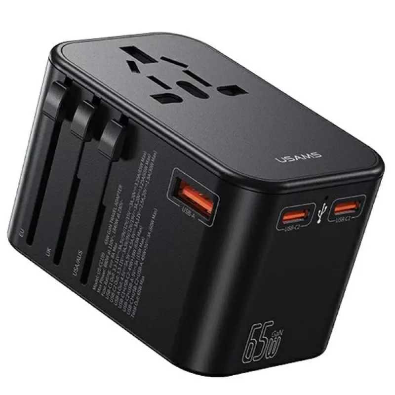 USAMS Cargador de viaje universal 65W 1xUSB-A + 2xUSB-C T62 con enchufes intercambiables US/AU/EU/UK Negro CC199TC01 (US-CC199)