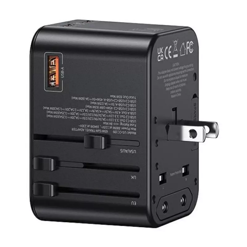 USAMS Cargador de viaje universal 65W 1xUSB-A + 2xUSB-C T62 con enchufes intercambiables US/AU/EU/UK Negro CC199TC01 (US-CC199)