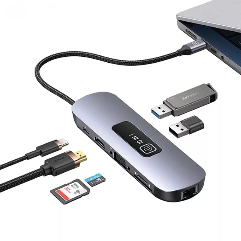 USAMS Adaptador hub USB-C 10 en 1 3x USB 3.0, SD/TF, HDMI, VGA, RJ45, PD 100W, Gris