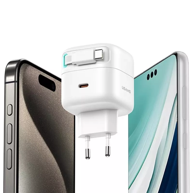 USAMS XMF Series CC202TC02 Fuente de alimentación GaN USB-C 35W con cable USB-C retráctil, PD+QC, Blanco