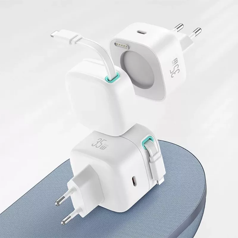 USAMS XMF Series CC209TC02 Cargador rápido GaN 35W con cable Lightning retráctil, Blanco