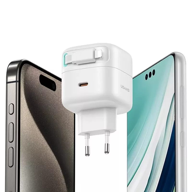 USAMS XMF Series CC209TC02 Cargador rápido GaN 35W con cable Lightning retráctil, Blanco