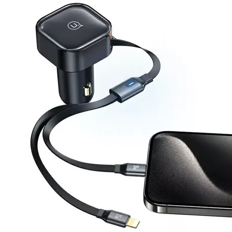 USAMS C41 Cargador de coche 30W Carga rápida PD con cables USB-C y Lightning retráctiles Negro (US-CC219)