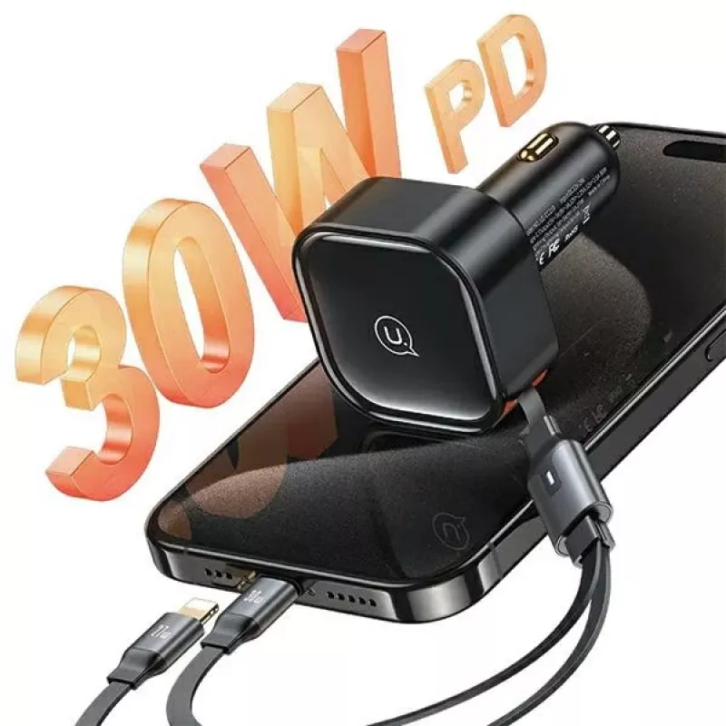 USAMS C41 Cargador de coche 30W Carga rápida PD con cables USB-C y Lightning retráctiles Negro (US-CC219)